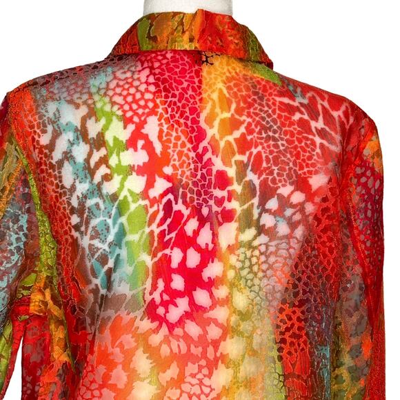 Toni Morgan Bright Giraffe Print Sheer Burn Out 3/4 Sleeve Button Up Blouse LGE - Picture 4 of 10